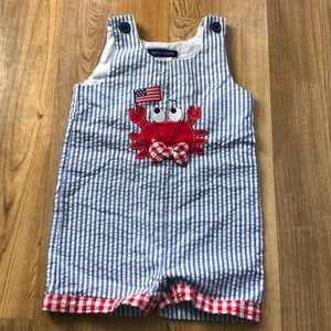 Boy Seersucker Overall with American Flag Crab